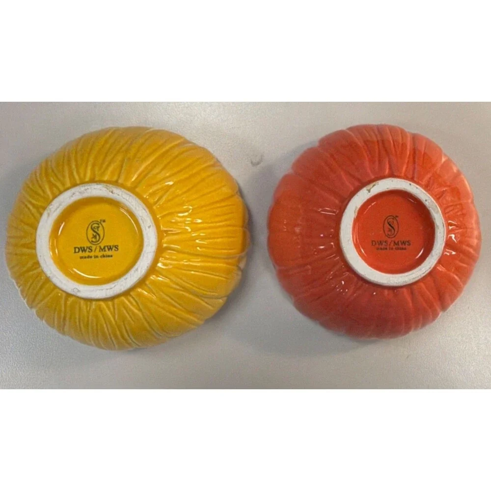 DWS/AMS Floral Embossed Ceramic Art Pottery Bowls Glossy Yellow Orange 2pc